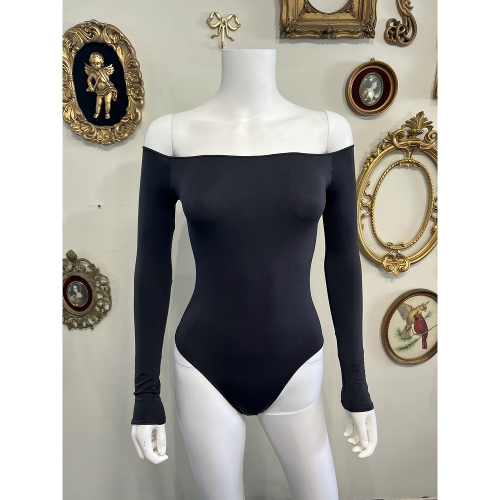 Skims Black Off The Shoulder Long Sleeve Seamless Bodysuit Size S/M